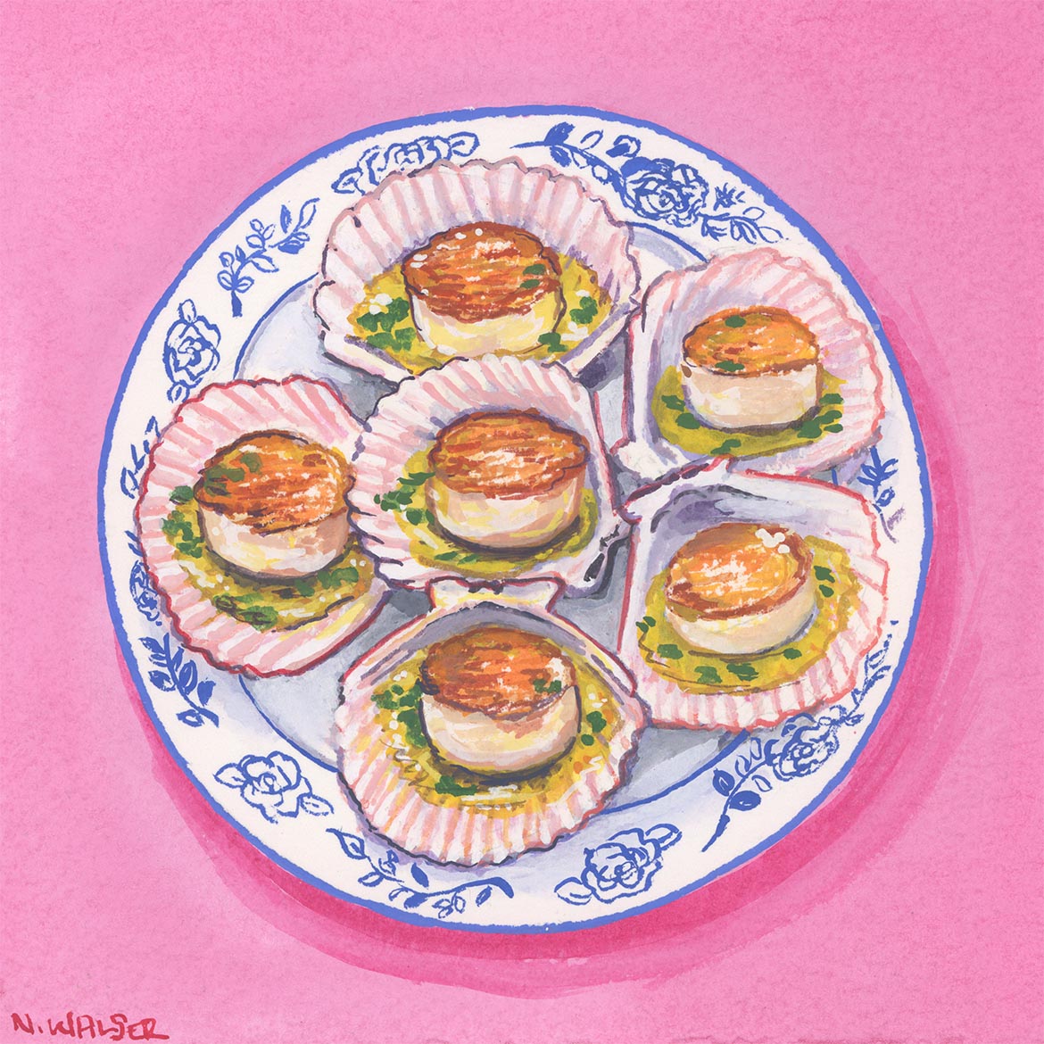 Illustration of scallops on a decorative plate with a pink background