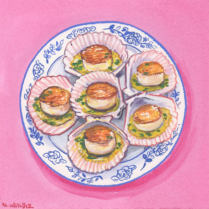 Illustration of scallops on a decorative plate with a pink background