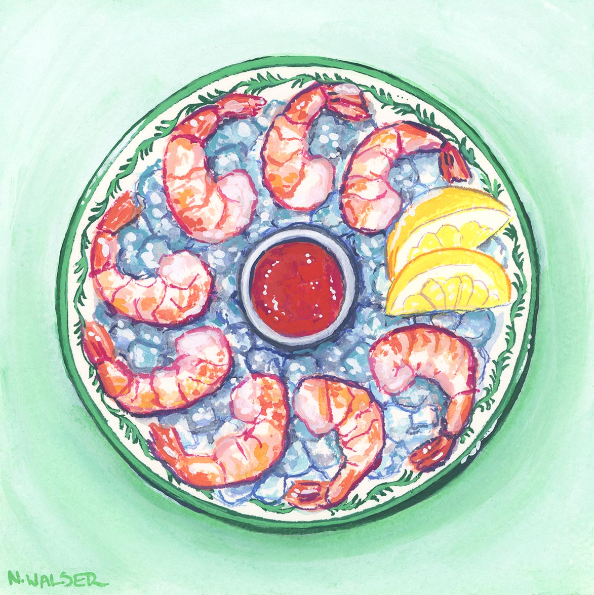 Illustration of shrimp cocktail with shrimp, lemon wedges, and cocktail sauce on a green plate.