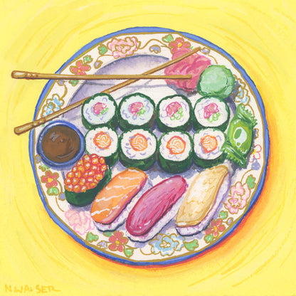 Colorful illustration of a plate of sushi with chopsticks on a yellow background