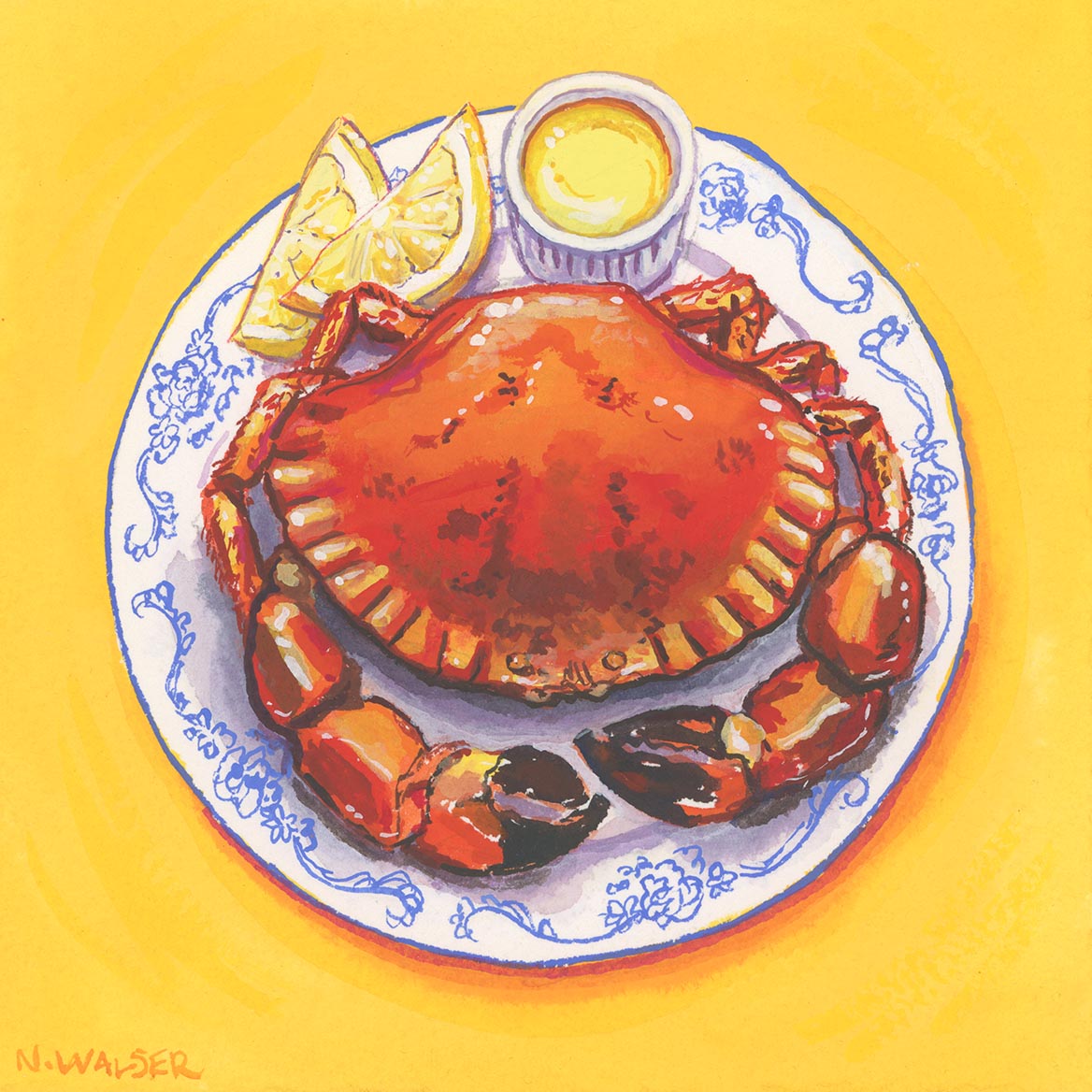 Illustration of a cooked crab on a decorative plate with lemon wedges and butter, on a yellow background.