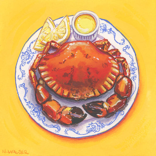 Illustration of a cooked crab on a decorative plate with lemon wedges and butter, on a yellow background.